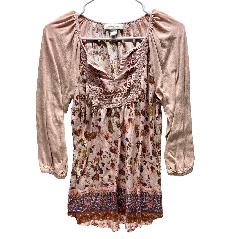 Vintage America Pheasant Blouse Women's Small Pink Floral Stretch 3/4 Sleeve Top